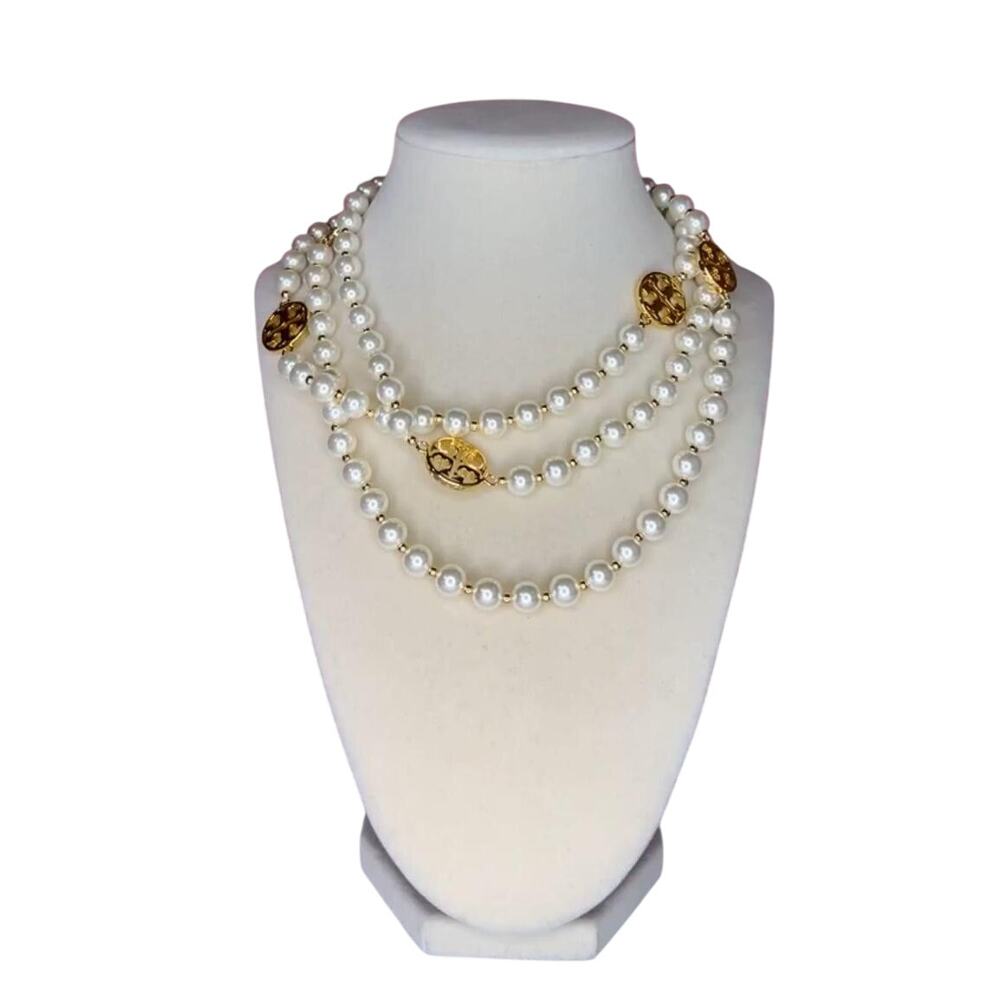 Tory Burch Evie Single Strand Faux Pearl & Logo Necklace NWOT